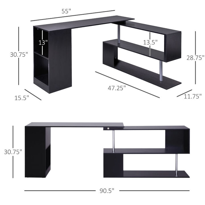 Black Corner Workstation: 55" 360° Rotating L-Shaped Computer Desk