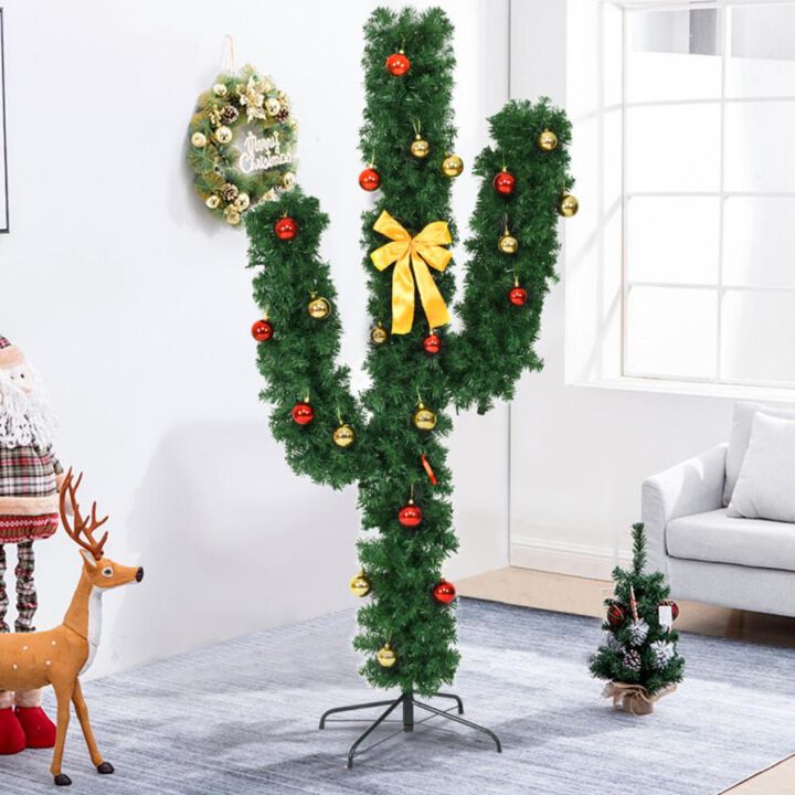 7 Feet Artificial Cactus PVC Christmas Tree with LED Lights and Ball Ornaments