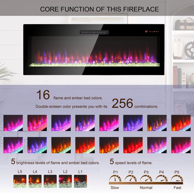 MONDAWE 60 Inch Oversized Electric Fireplace, Recessed and Wall Mounted Fireplace