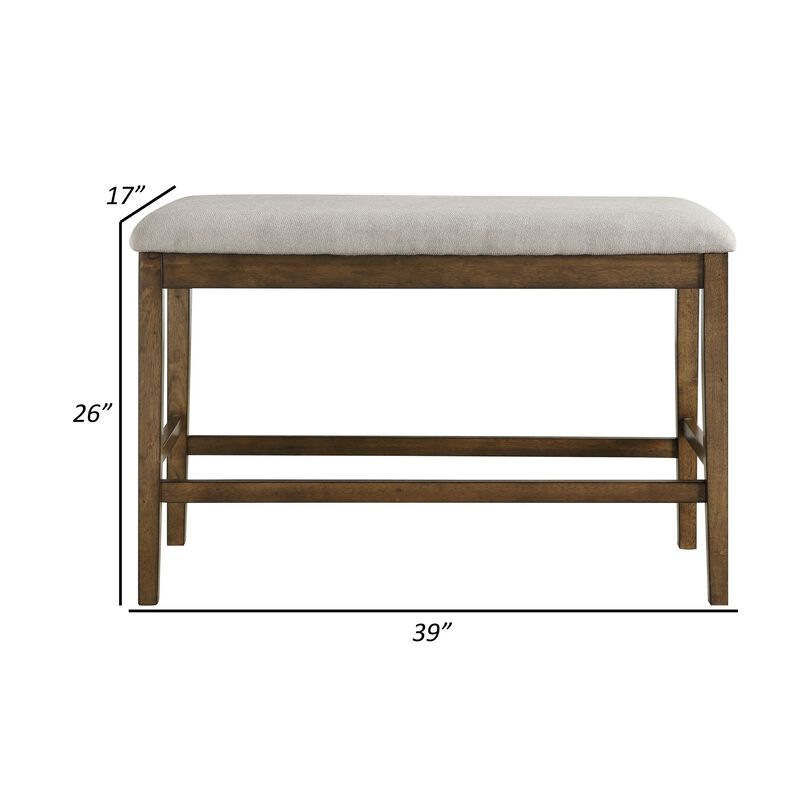 Carl 39 Inch Two Tone Counter Bench, Gray Fabric Seat, Light Oak Wood-Benzara