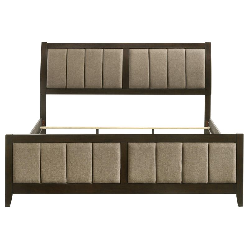 Wily King Size Bed, Channel Tufted Upholstered Headboard, Dark Brown - Benzara