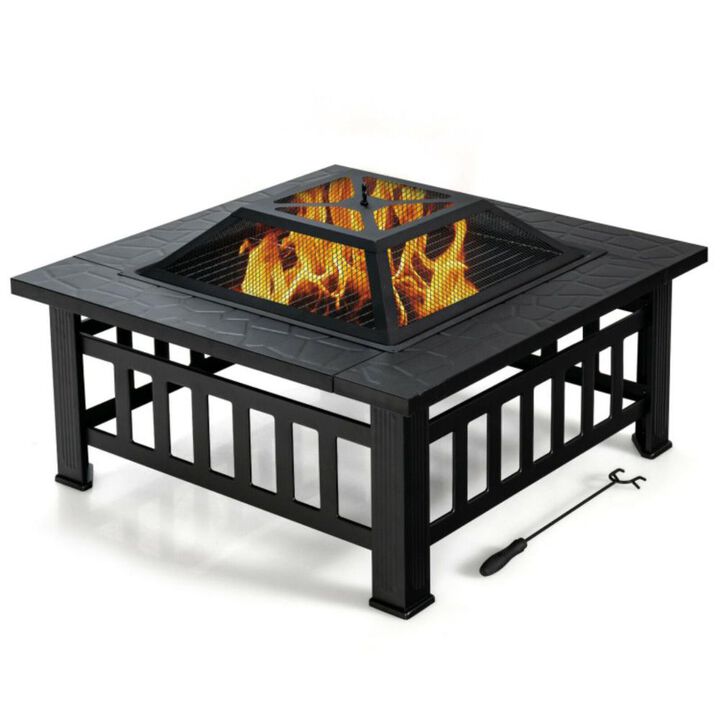 Hivvago 32 Inch 3 in 1 Outdoor Square Fire Pit Table with BBQ Grill and Rain Cover for Camping