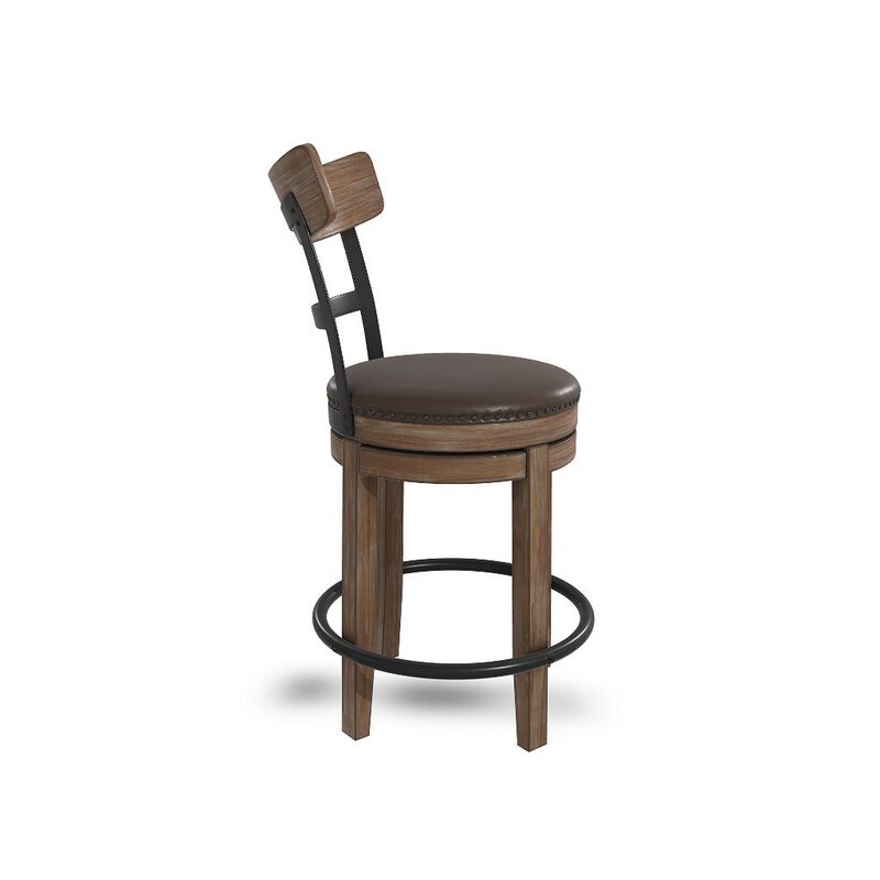 Pine Swivel Counter Height Stool Chair, 24 Inch, Brown Faux Leather  - Benzara