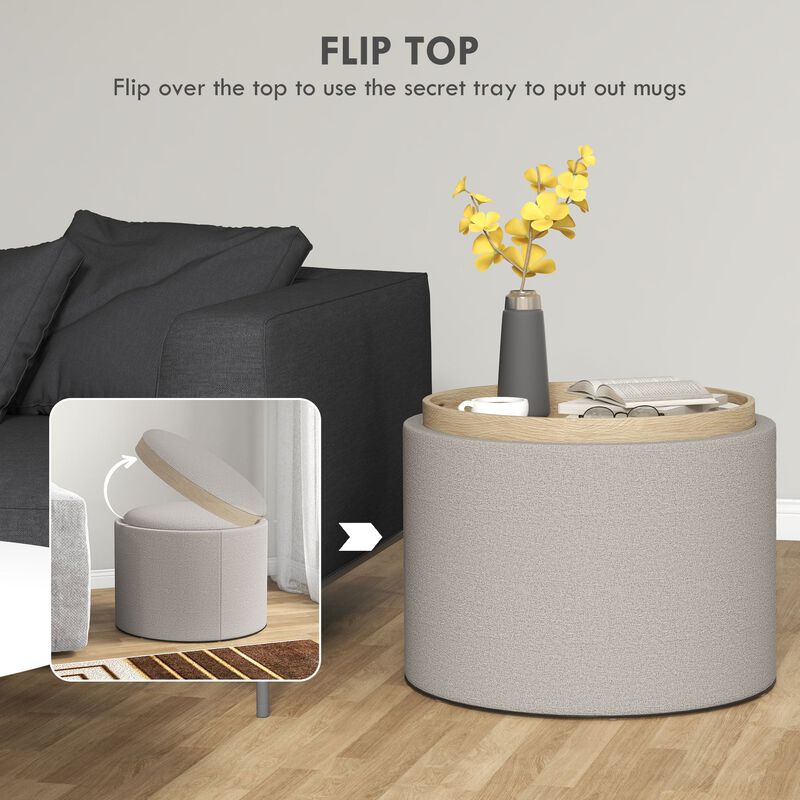Gray Linen Round Ottoman: Flip-Top Tray, Hidden Storage