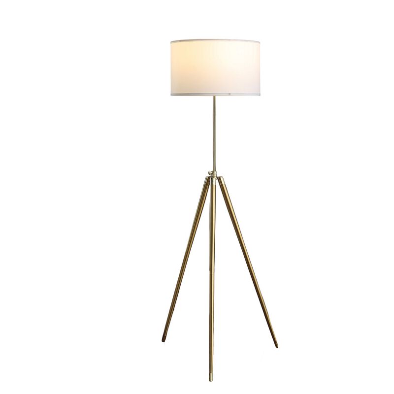 Kera Floor Lamp, White Drum Shade, Brass Gold Tripod Base 64 Inch  - Benzara