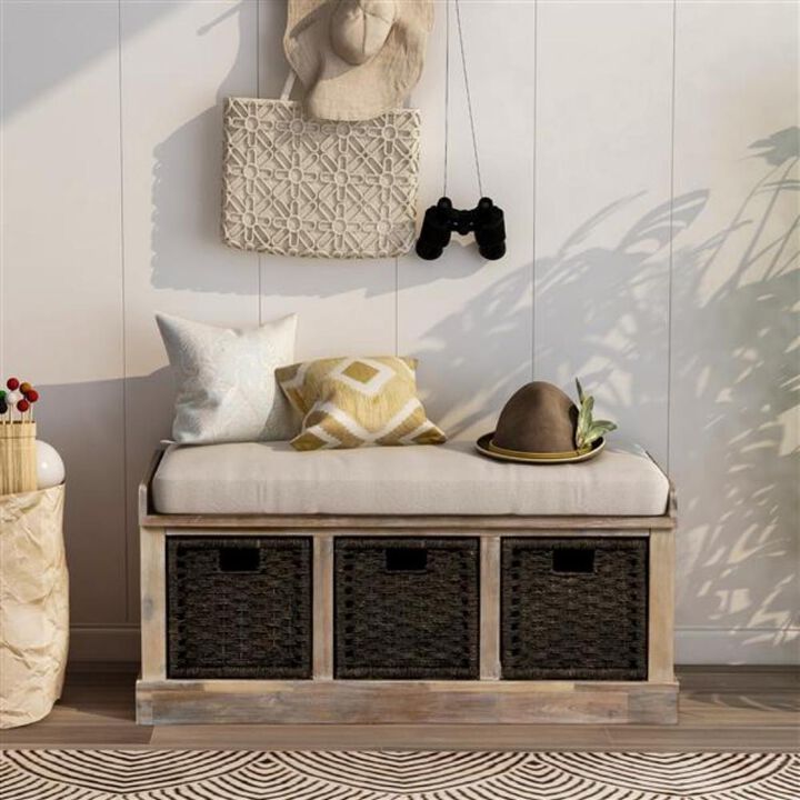 Rustic Storage Bench with 3 Rattan Baskets and Removable Cushion for Entryway