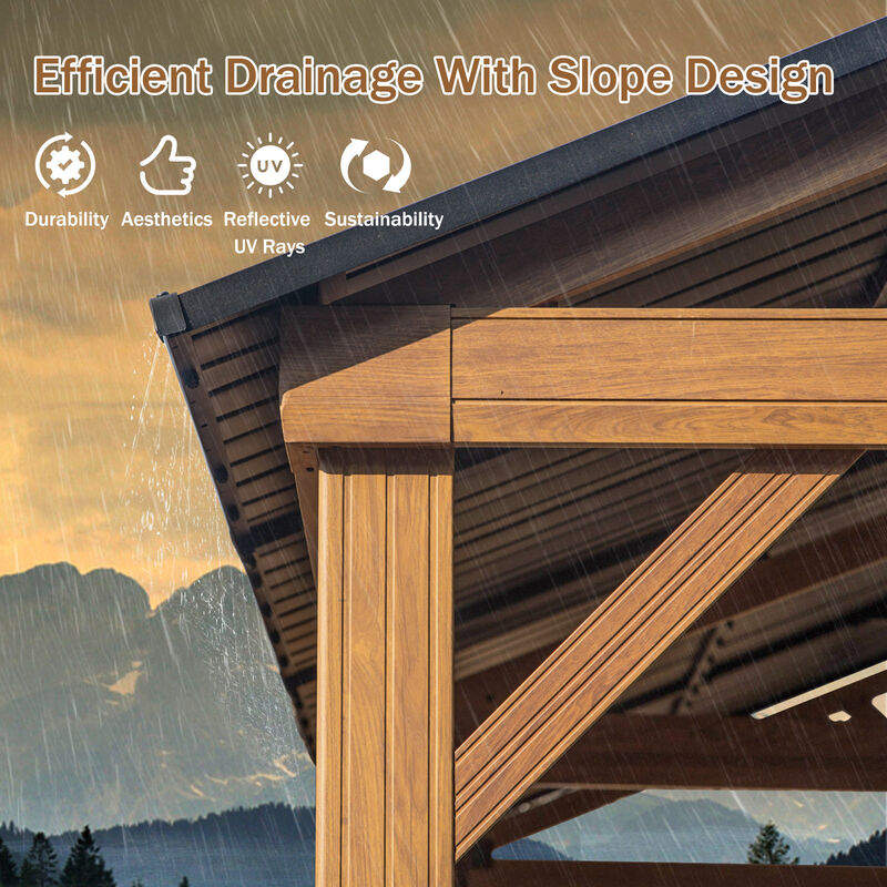 MONDAWE 12x20ft Hardtop Gazebo, Galvanized Steel Gable Roof Gazebo Pergola with Wood Grain Aluminum Frame, Outdoor Permanent Gazebo Pavilion for Patio, Garden (Yellow Brown)