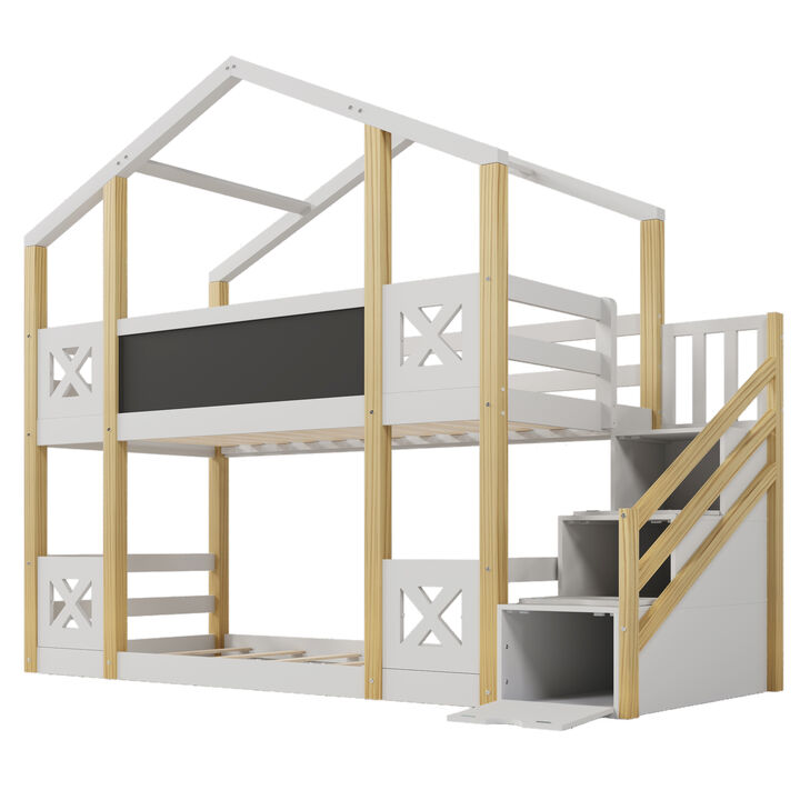 Twin Over Twin House Bunk Bed With White Storage Staircase And Blackboards, White