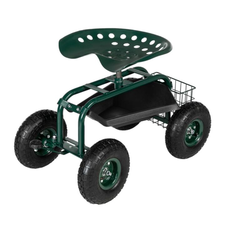 Short Handle Garden Seat Cart Portable Rolling Seat with Storage for Easy Gardening & Yard Work