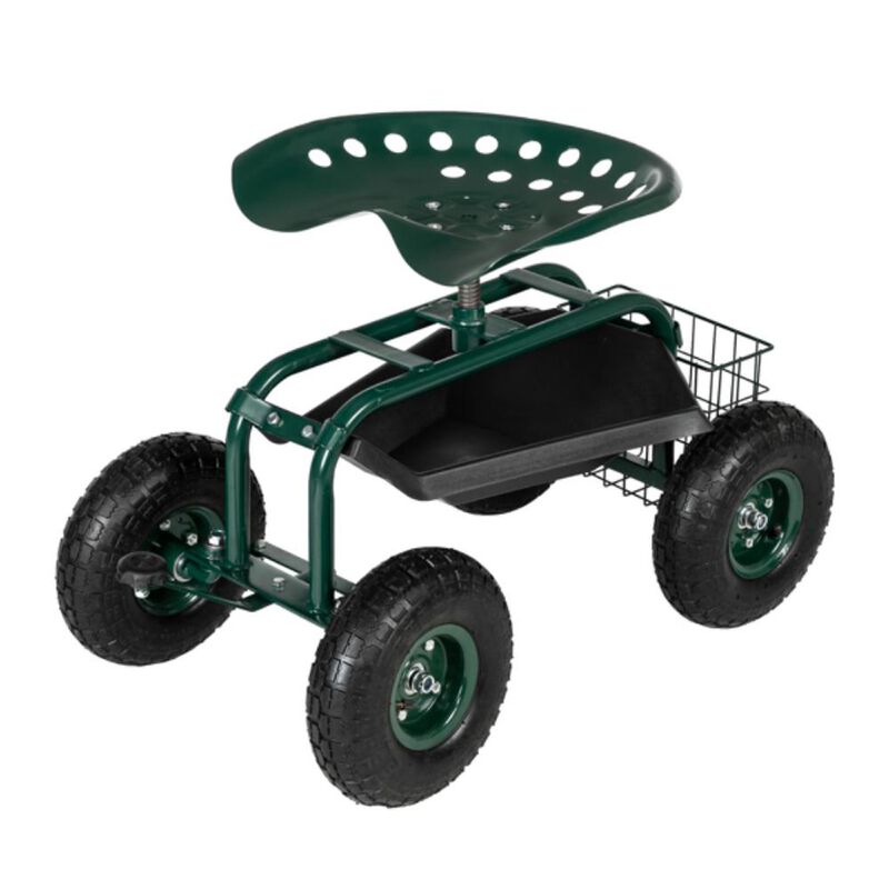 Short Handle Garden Seat Cart Portable Rolling Seat with Storage for Easy Gardening & Yard Work