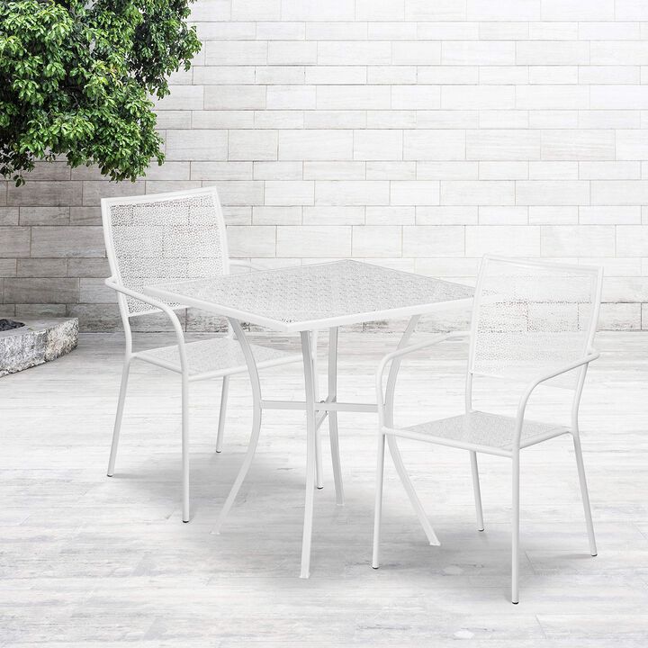 Flash Furniture Commercial Grade 28" Square White Indoor-Outdoor Steel Patio Table Set with 2 Square Back Chairs