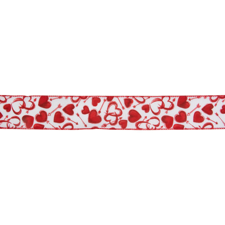 White and Red Hearts Valentine's Day Wired Craft Ribbon 2.5" x 10 Yards