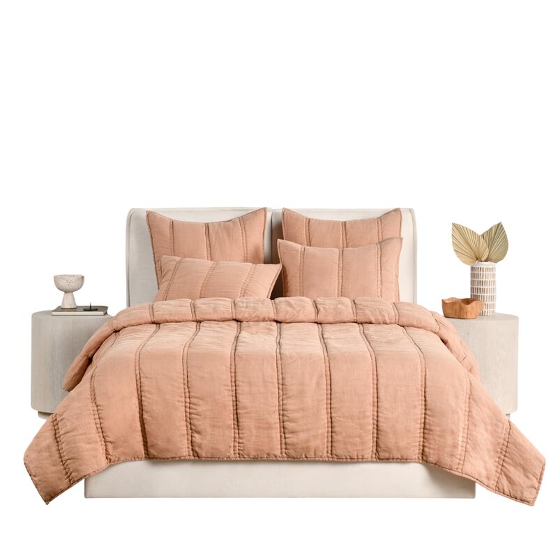 Rawi King Size Quilt, Clay Linen Like Ramie Fabric, Channel Stitching - Benzara