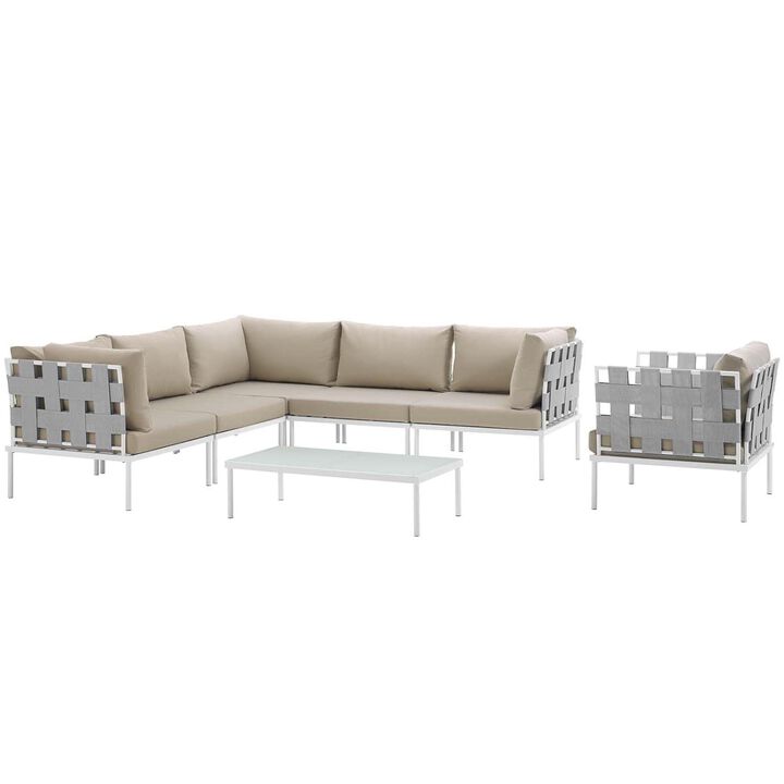 Harmony 7 Piece Outdoor Patio Aluminum Sectional Sofa Set - White Beige