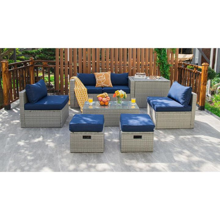 8 Pieces Patio Rattan Furniture Set with Storage Waterproof Cover and Cushion