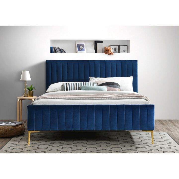Omax Decor Julia Wood and Fabric Upholstered Queen Platform Bed in Blue