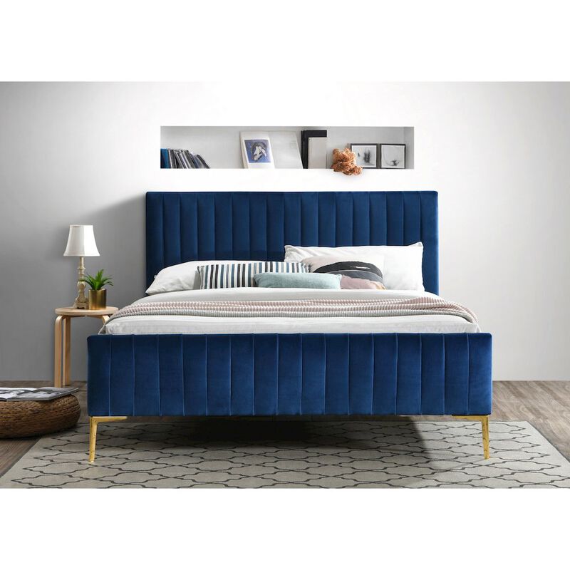Omax Decor Julia Wood and Fabric Upholstered Queen Platform Bed in Blue