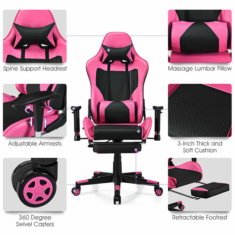 Costway Gaming Chair  Massage  Reclining  Racing Office Computer Chair with Footrest Pink