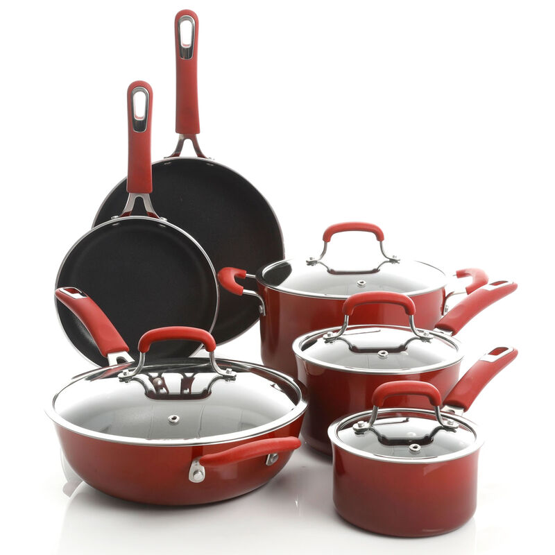 Kenmore Elite Andover 10 Piece Nonstick Aluminum Cookware Set in Red Gradient
