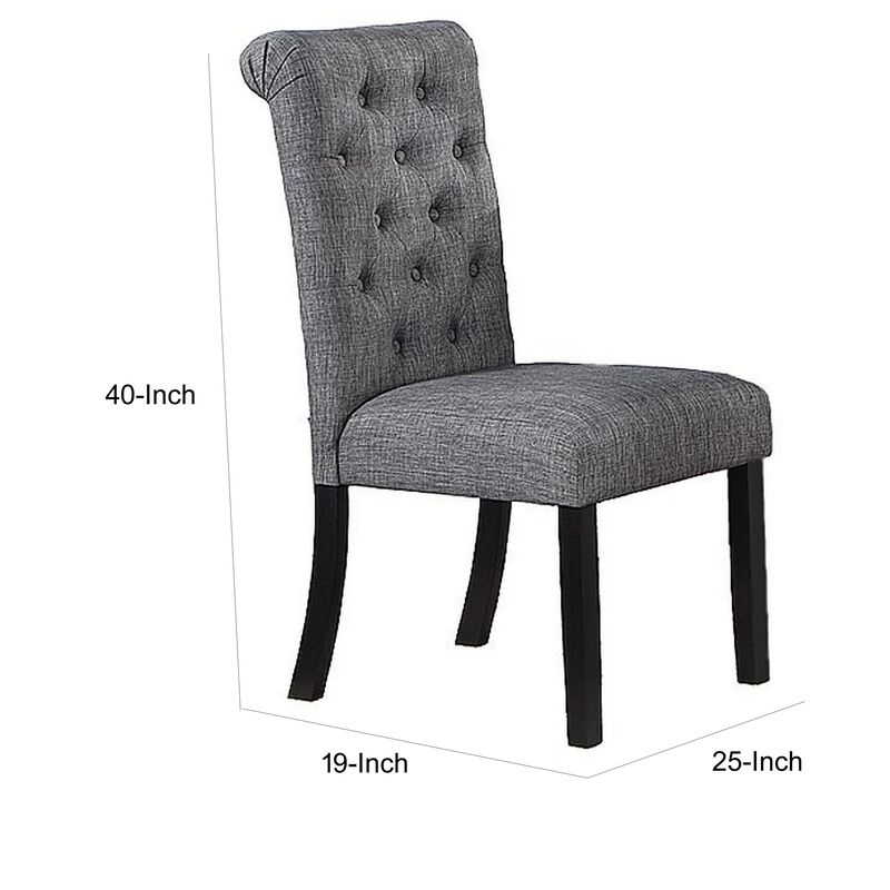 Jie 25 Inch Dining Chair, Tufted Gray Upholstery, Rolled Top, Black Wood - Benzara