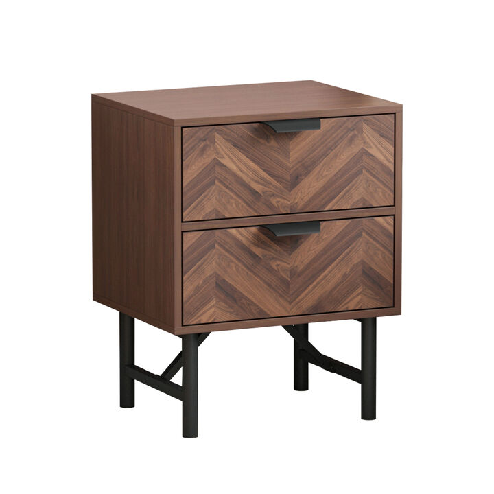 2-Drawer Brown Wood Nightstand With Metal Legs, Side Table Bedside Table 24 in. H x 18.9 in. W x 15.7 in. D