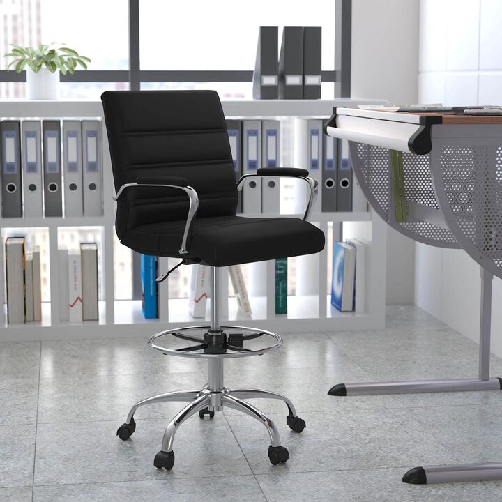 Flash Furniture Whitney Adjustable Height Drafting Chair - Contemporary Mid-Back Black LeatherSoft Drafting Stool Chair - Adjustable Foot Ring & Chrome Base