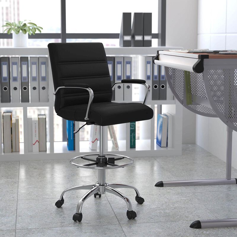 Flash Furniture Whitney Adjustable Height Drafting Chair - Contemporary Mid-Back Black LeatherSoft Drafting Stool Chair - Adjustable Foot Ring & Chrome Base