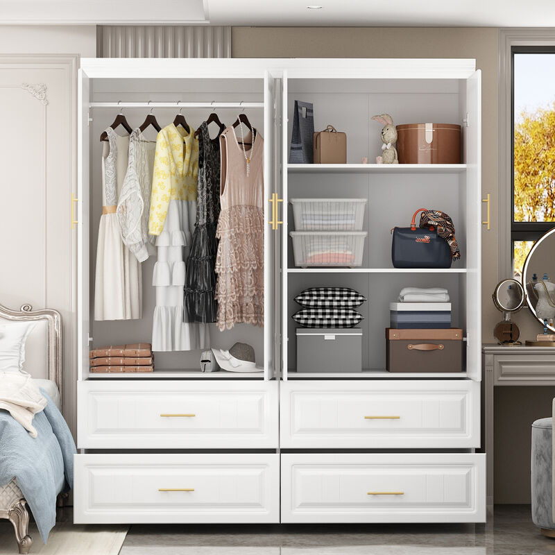 White Wood 63 in. W 4-Door Big Wardrobe Armoires with Hanging Rod, Drawers, Storage Shelves 74.2 in. H x 20.6 in. D