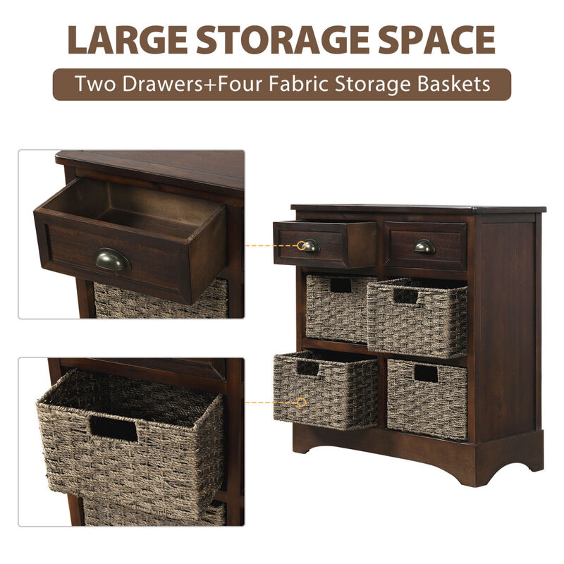 Rustic Storage Cabinet With Two Drawers And Four Classic Rattan Basket