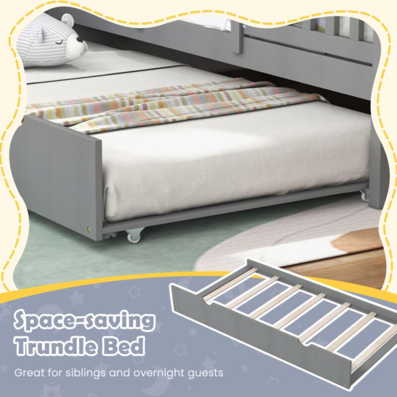 Hivvago Twin Size Bed Frame House Bed with Trundle and 82 Inch Tall Roof