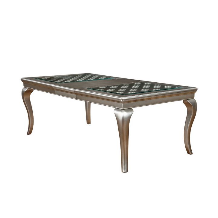 Glass Inserted Wooden Dining Table With Expandable Leaf, Silver - Benzara