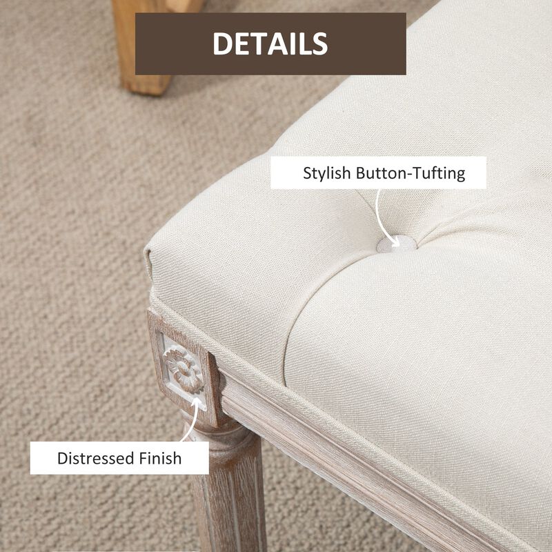 Beige Vintage Seat: 15.75" Tufted Ottoman with Distressed Wood Legs