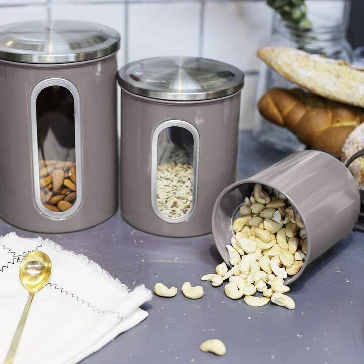 3-Piece Stainless Steel Sealed Canister Set for Kitchen Storage - See-Through Design for Easy Viewing (8oz, 12oz, 16oz, Brown)
