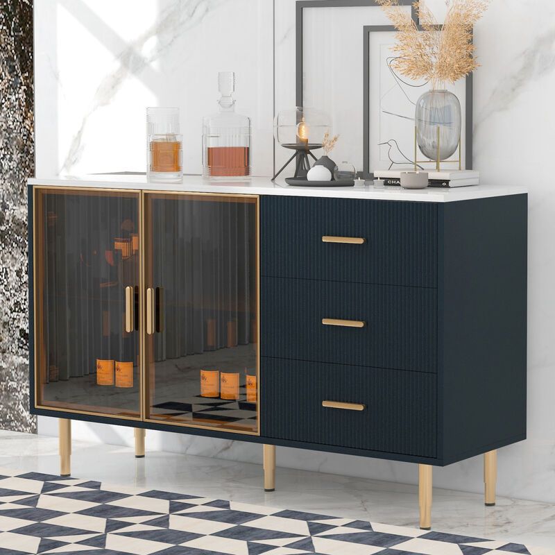 Modern MDF Buffet Cabinet with Glass Doors & Marble Top
