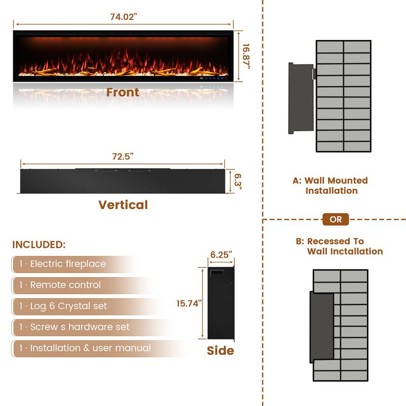 Smart 74” Wall-Mounted Electric Fireplace with Realistic Flame Effects, Dual Heating, and Alexa Compatibility