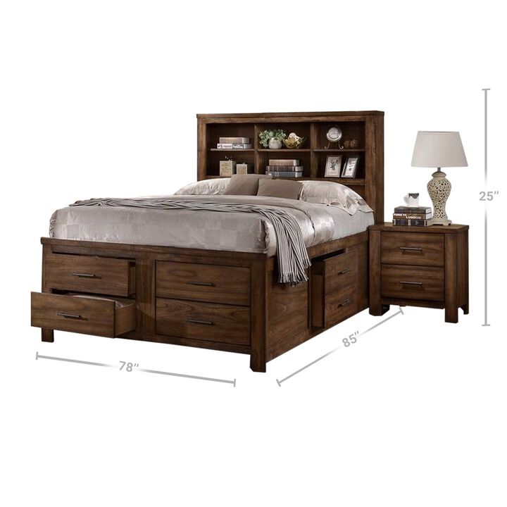 Tiva Wood King Size Bed, 6 Drawers, Book Case Frame, Distressed Oak Brown - Benzara