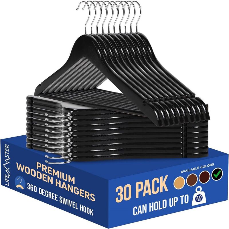 Wooden Hanger Set - 30 Pieces Non-Slip Versatile Closet Space-Saving Hanger Set for Suit, Coat, Camisole, Jacket, Pants, and Dresses with 360° Swivel Hook - Black