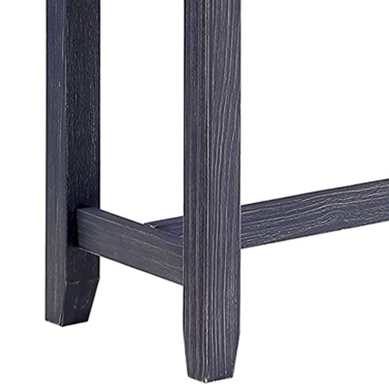Eala 4 Piece Counter Height Table and Stool Set, Blue Wood, Gray Fabric-Benzara