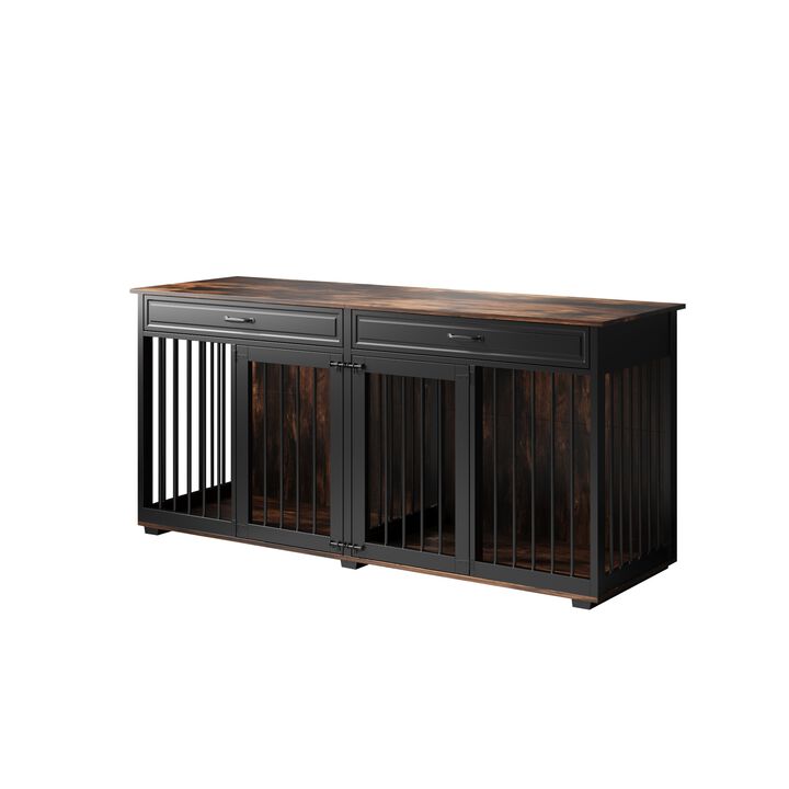 Furniture Style Dog Crates, Large Wooden Pet Kennels with Drawers and Divider, Heavy Duty Dog Cage, Black and Tiger Skin
