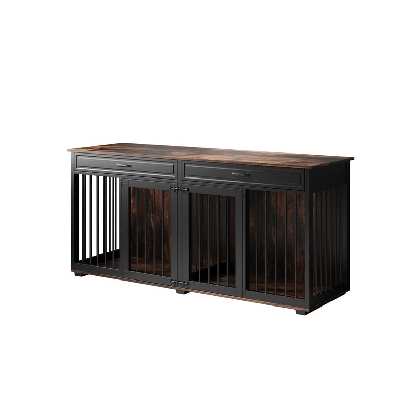Furniture Style Dog Crates, Large Wooden Pet Kennels with Drawers and Divider, Heavy Duty Dog Cage, Black and Tiger Skin