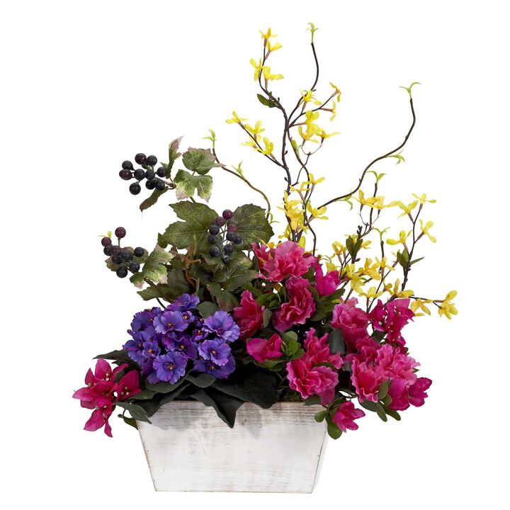 Nearly Natural Mixed Floral w/Azalea & White Wash Planter Silk Arrangement