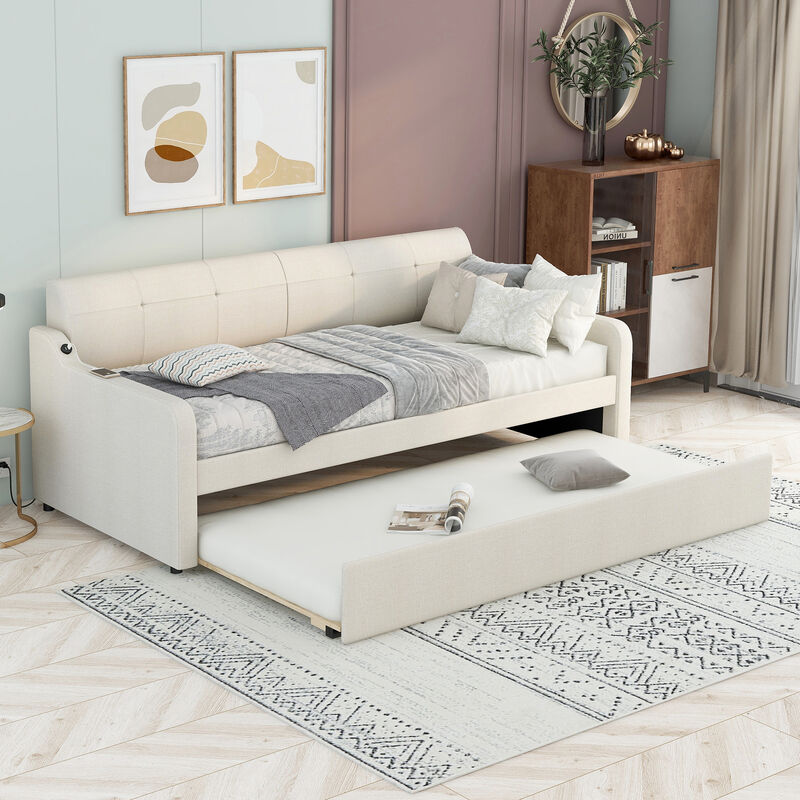 Merax Upholstery Daybed with Trundle and USB Charging Design