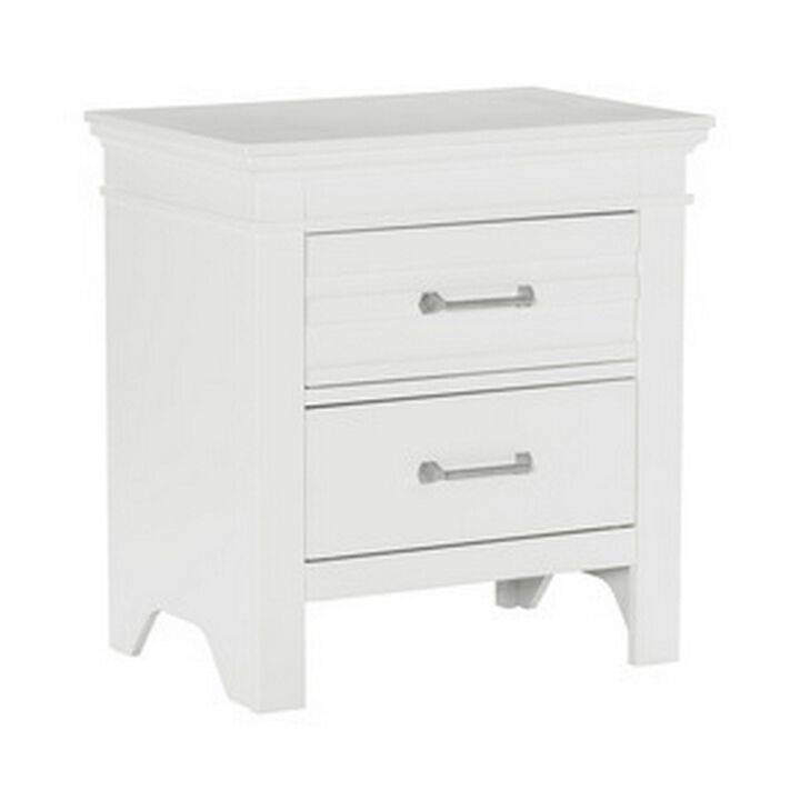 Candy 25 Inch Nightstand, 2 Drawers, Nickel Bar Handles, White Solid Wood - Benzara