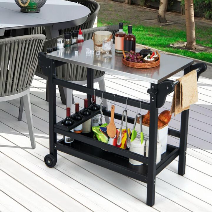Hivvago Movable Outdoor Dining Cart Table HDPE Pizza Oven Stand Table with Stainless Steel Tabletop