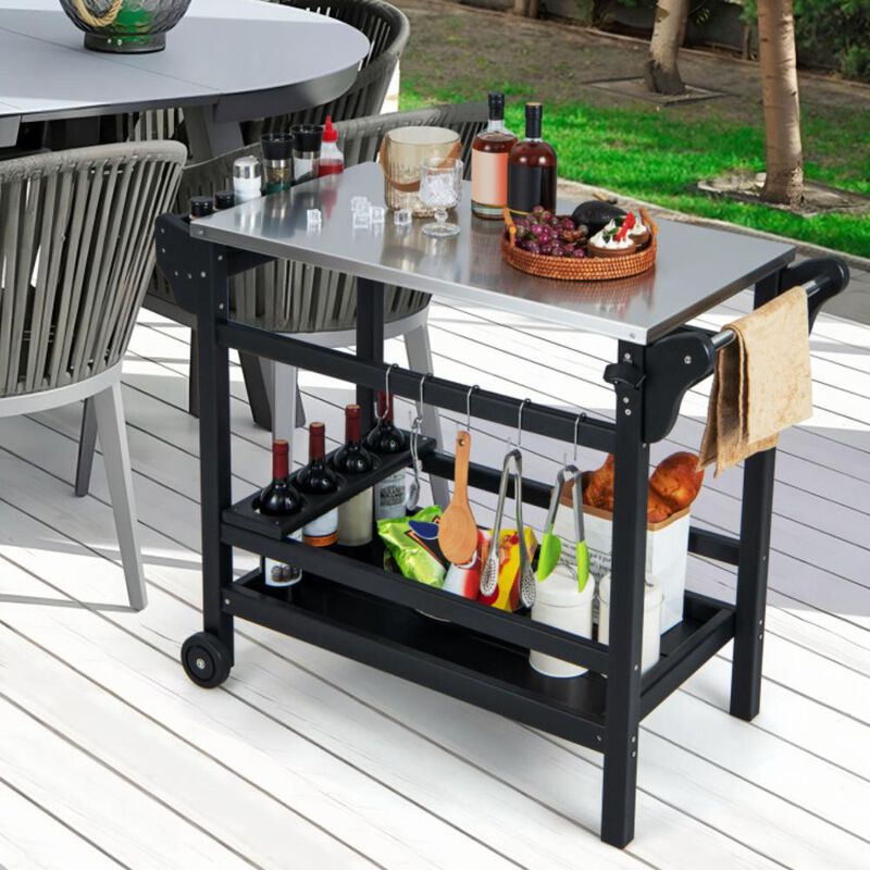 Hivvago Movable Outdoor Dining Cart Table HDPE Pizza Oven Stand Table with Stainless Steel Tabletop