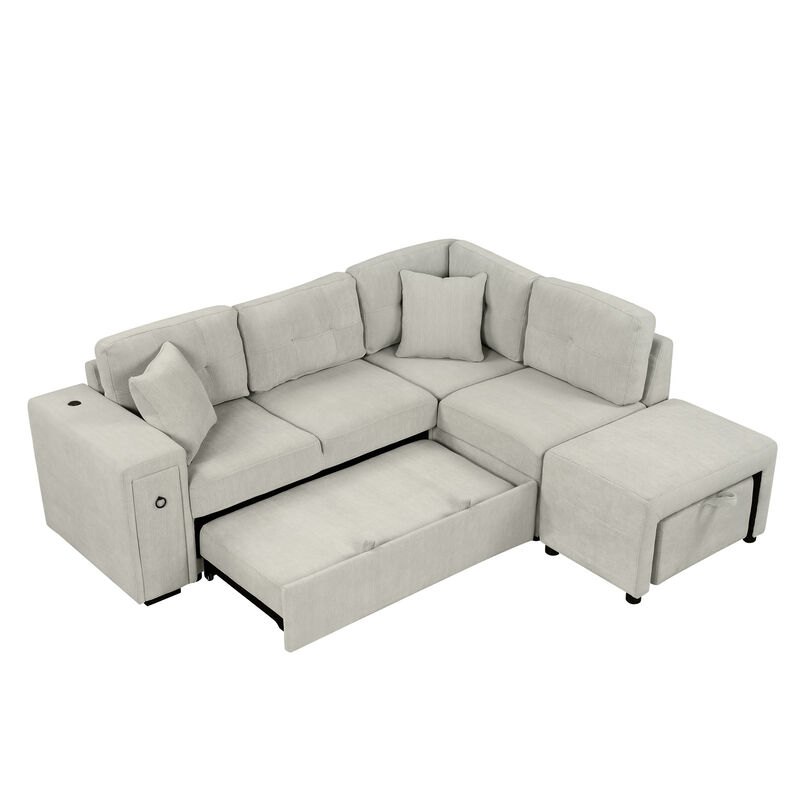 86.6" Sectional Sofa L-shaped Sofa Couch Pull-out Sofa Bed with a Movable Ottoman, Two USB Ports  and Two Cup Holders for Living Room, Beige