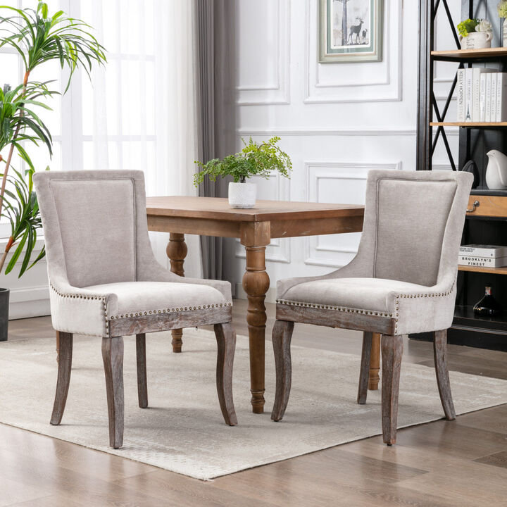 Set of 2 Beige Dining Chairs with Fabric and Wood Legs
