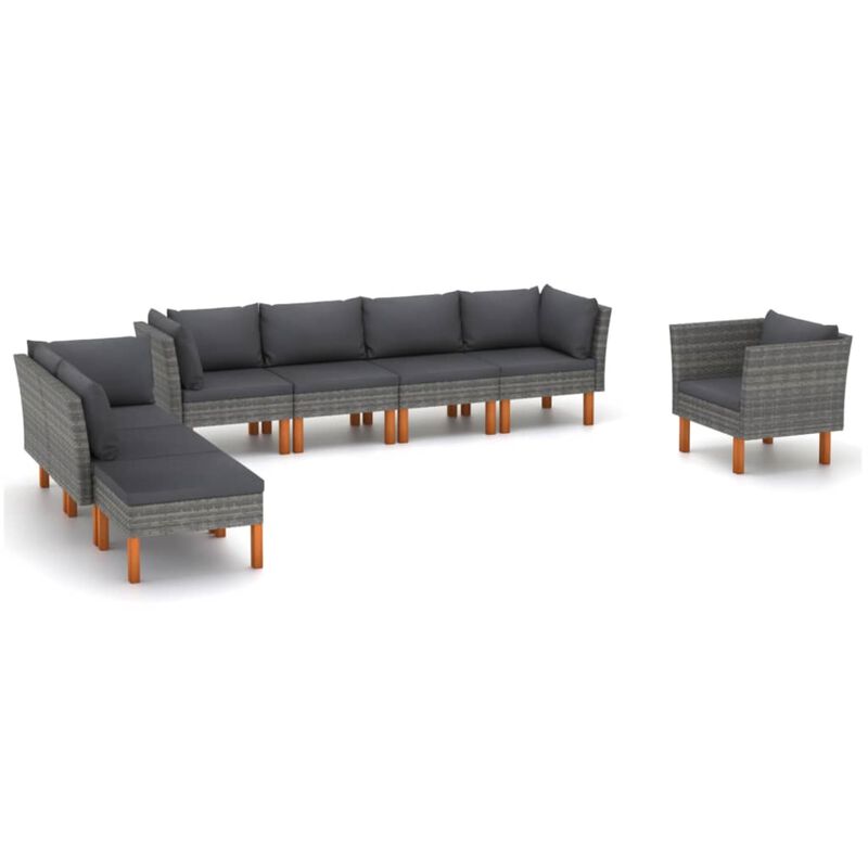 vidaXL 8 Piece Garden Lounge Set Poly Rattan and Eucalyptus Wood Gray
