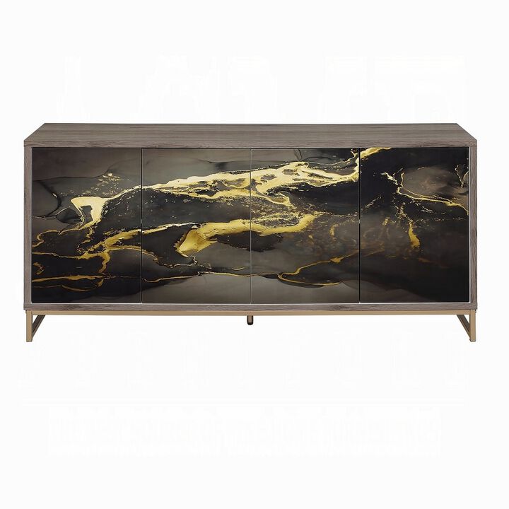 Loila Sideboard Console Cabinet, Black Marble Look, Brown Wood 65 Inch - Benzara