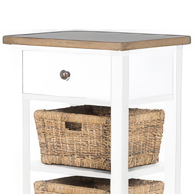 Livy Storage Rack End Table with 3 Natural Brown Rattan Baskets, White - Benzara